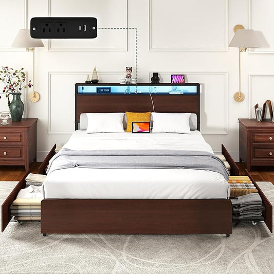 Full Size Bed Frame with 4 Storage Drawers, Full Platform Bed Frames with 2 Tier Storage Headboard, Charging Station, Adjustable LED Light, Noise-Free, No Box Spring Required, Reddish Brown