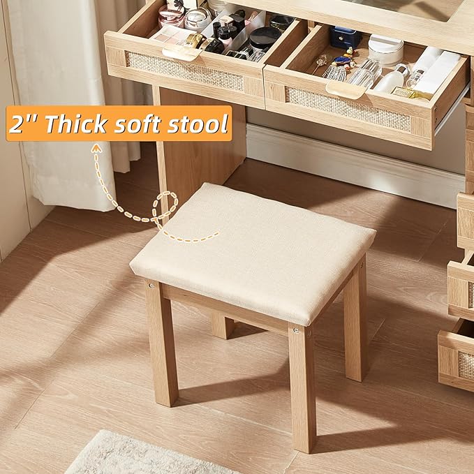 LEYAOYAO Vanity Stool, Elegant Makeup Stool with Comfortable Fabric Cushion, Sturdy Wooden Frame, Modern Vanity Bench for Bedroom and Bathroom-Natural Wood