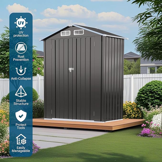 5 x 3 FT Outdoor Storage Shed, Metal Garden Tool Shed with Slooping Roof, Lockable Doors, All-Weather Bike Shed Easy to Assemble for Backyard, Patio, Lawn, Grey