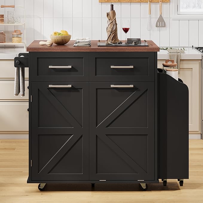 Farmhouse Kitchen Island with Drop Leaf & Wheels, 47.2" Rolling Kitchen Cart with Removable Side Racks, 2 Drawers, Towel Hooks & Trash Bin Cabinet for Small Space, Dining Room, Rustic Home Decor