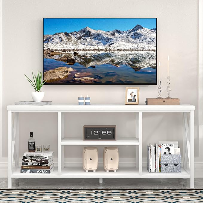 EXCEFUR 55 inch TV Stand for TV up to 65 inch, Modern Media TV Console with Storage Shelves, Entertainment Center for Living Room, Bedroom, White Oak