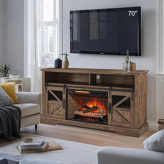 Fireplace TV Stand with Auto-Power-Off Door Sensor, Farmhouse 70" TV Console, Media Entertainment Center with Sliding Barn Door, Adjustable Shelves, Fireplace Heater, Reclaimed Barnwood