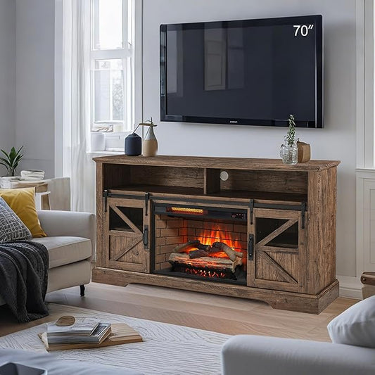 Fireplace TV Stand with Auto-Power-Off Door Sensor, Farmhouse 70" TV Console, Media Entertainment Center with Sliding Barn Door, Adjustable Shelves, Fireplace Heater, Reclaimed Barnwood