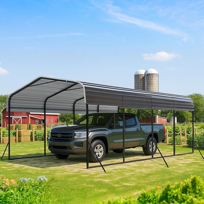 12x20 Metal Carport with Base Fixings Heavy Duty Garage Outdoor Chrome Plated Frame and Sheet Metal Construction Suitable for Boats, Cars, Tractors and Agricultural Equipment, Light Gray