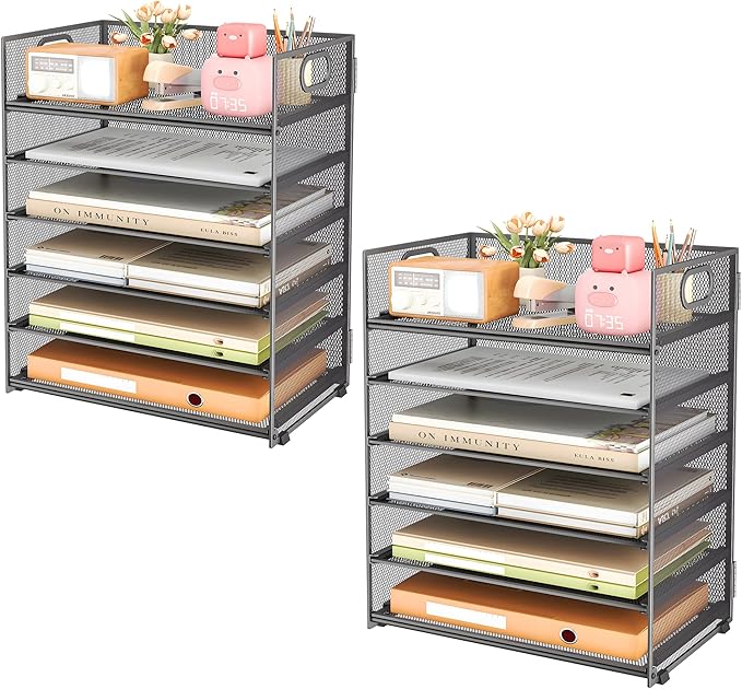 Subekyu 6-Tier Desk Paper Organizer, Desktop File Letter Tray with Handle, Document Sorter and Accessories Holder for Office, Home and School Workspace Organizers, Gray-2 Pack