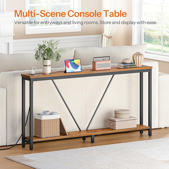 HOOBRO 63" Console Table with Charging Station, 2-Tier Extra Long Sofa Table with V-Brace, for Narrow Space, Entryway Table for Entryway, Hallway, Living Room, Rustic Brown BF166UXG01