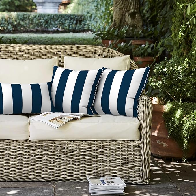 LVTXIII Set of 2 Patio Throw Pillows Waterproof 16"x16" Fade Resistant Outdoor Throw Pillows with Inserts, Fluffy Decorative Garden Toss Pillow Cushions for Home Patio Coach Sofa Use, Cabana Navy