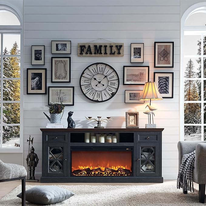 Farmhouse Fireplace TV Stand with 36" Electric Fireplace for 80 Inch TVs, 31" Tall Entertainment Center w/Drawer & Diamond Panel Door, Highboy Media Console for Living Room, 70inch, Dark Grey