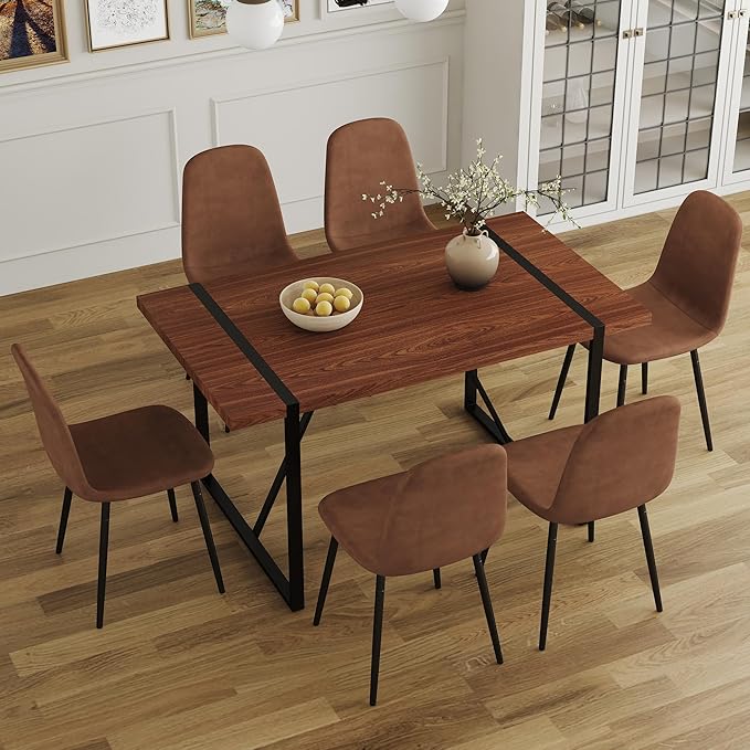 Dining Table Chairs Set for 6, Modern Rectangular Dining Room Table Set PU Leather Upholstered Dining Chairs 55" Dinner Table Set for Kitchen, Dining Room (Brown1, 55 inch Table + 6 Chairs)