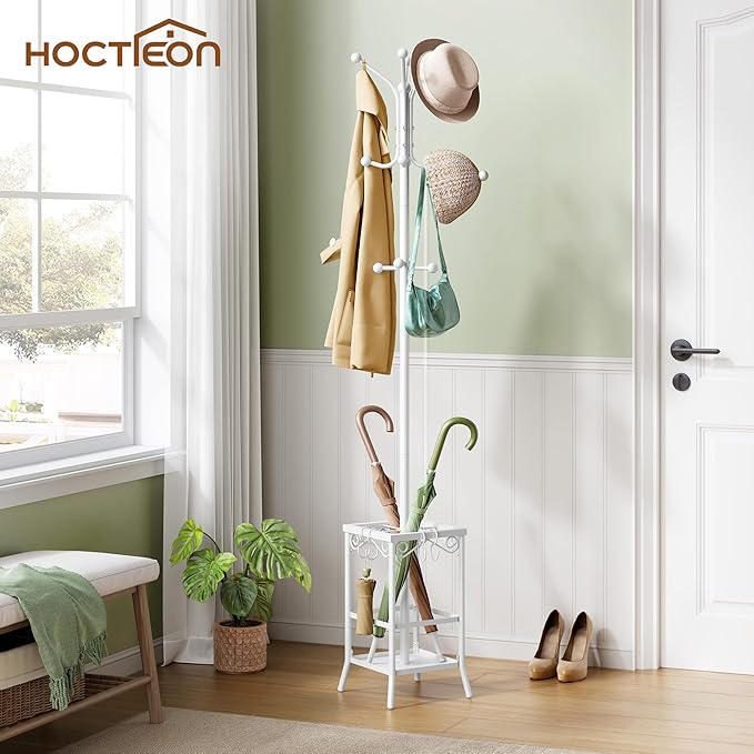 Hoctieon Coat Rack Freestanding, Coat Tree with Umbrella Holder, Metal Coat Rack Stand with 12 Hooks, Standing Coat Hanger Stand, Umbrella Stand for Entryway, Hat Rack Stand for Home Office, White