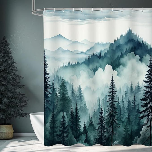 Peacock Blue Long Misty Pine Forest Shower Curtain 72 x 78, Mountain Foggy Woodland Scenery Tree 78 Inch Long Shower Curtains for Bathroom, Abstract Waterproof Nature-Themed Decor