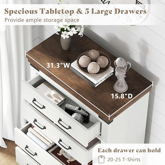 AMERLIFE Farmhouse 5 Drawers Dresser Chests for Bedroom, 48" Tall Wood Rustic Chest of Drawers/w Thick Plank Styling, Heavy Duty Closet Storage Dresser Organizer, Living Room, Hallway, Antique White
