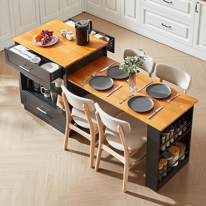 76" Kitchen Islands with Extendable Dining Table, 2-6 Island Table for Kitchen, Mobile Kitchen Table with Double-Side Storage, Kitchen Island on Wheels with Power Outlet & Spice Rack, Black