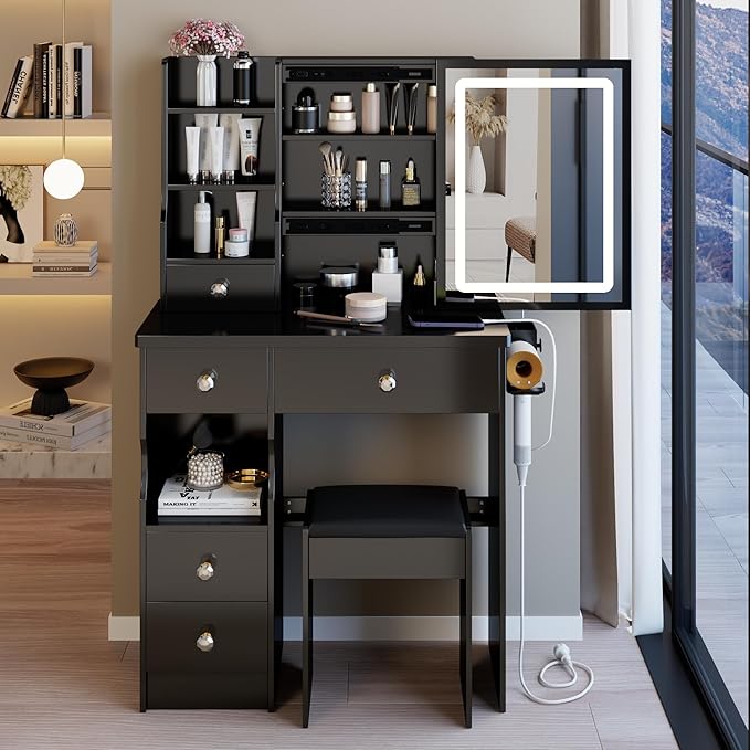 29.2" Small Vanity Desk with Mirror and Lights, Makeup Table with 2 AC+2 USB Power Station, Hair Dryer Bracket, Vanity Set with 5 Drawers and Stool for Small Space Bedroom, Black
