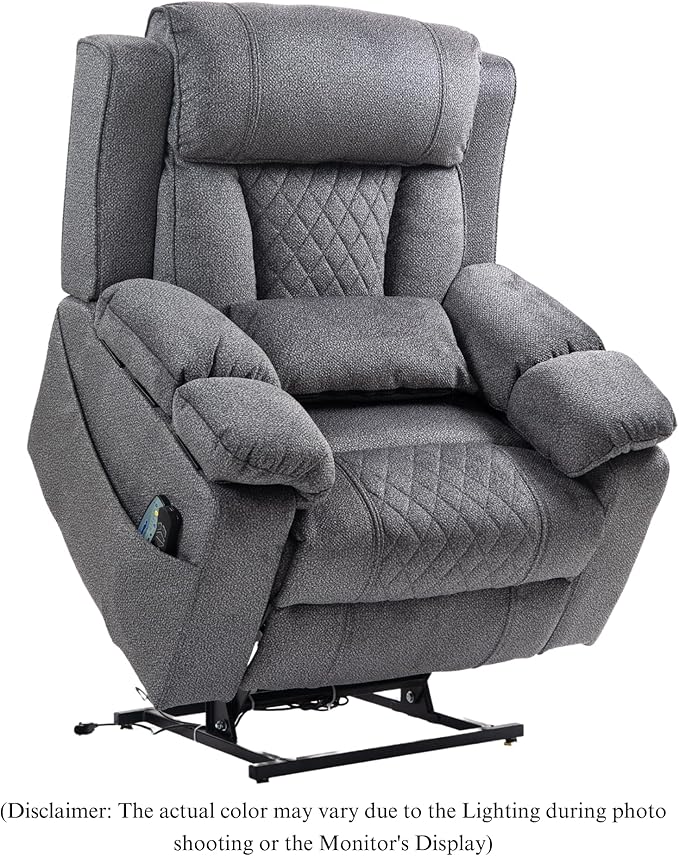 Big Man Power Lift Recliner for Elderly Adults 28 Inch Wide Seat, Lay Flat Lift Chair with Heat Massage, Flip Arm Storage Cup Holders, USB Type C Charging (Grey Chenille)