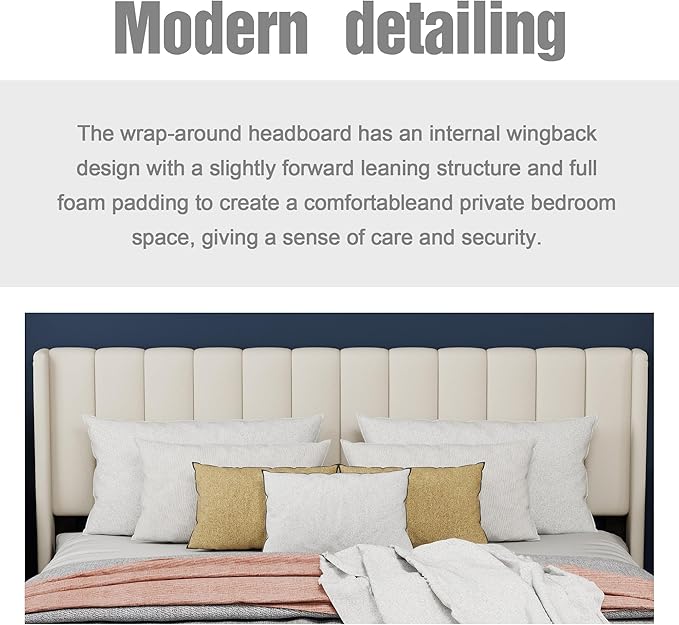 Upholstered Platform Queen Size Bed Frame with Headboard Wooden Slats Support No Noise Easy Assembly Beige Velvet