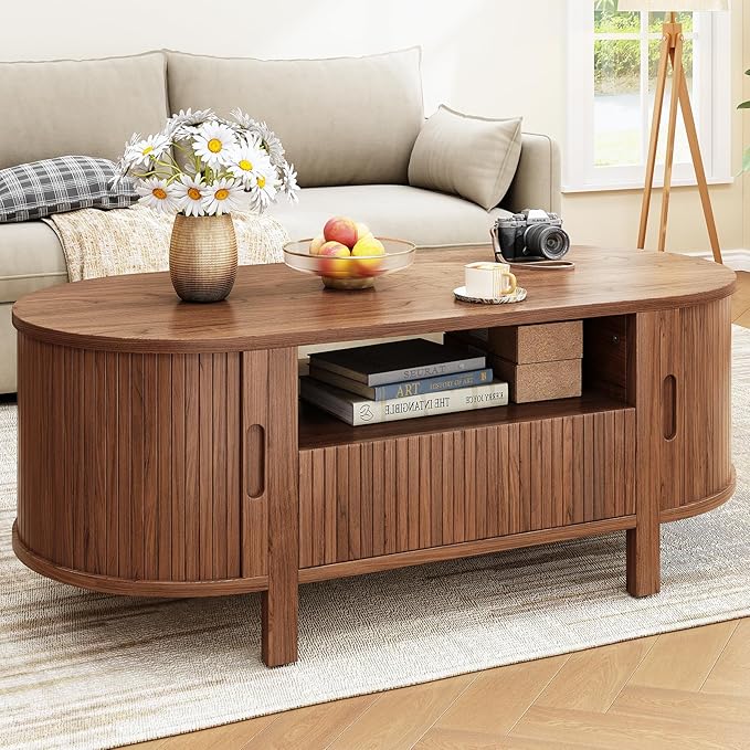 47.2 Inch Oval Coffee Table with Storage, Mid Century Modern Coffee Table with Drawer, Center Table with Sliding Door and Wood Fluted Handle for Living Room, Walnut