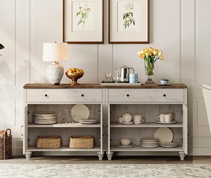 WAMPAT Farmhouse TV Stand for 100 Inch TV, 3-in-1 TV Console Table with 5 Drawers and 4 Doors, Entertainment Center, Kitchen Sideboard Buffet Cabinet for Dining Room, Rustic White