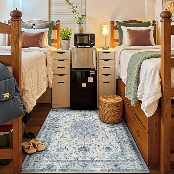 Area Rugs 5'x7' Washable Non-Slip, Floral Vintage Distress Print Pattern Medallion Carpet for Living Room Bedroom Dining Room, Light Blue Navy Beige Gray White