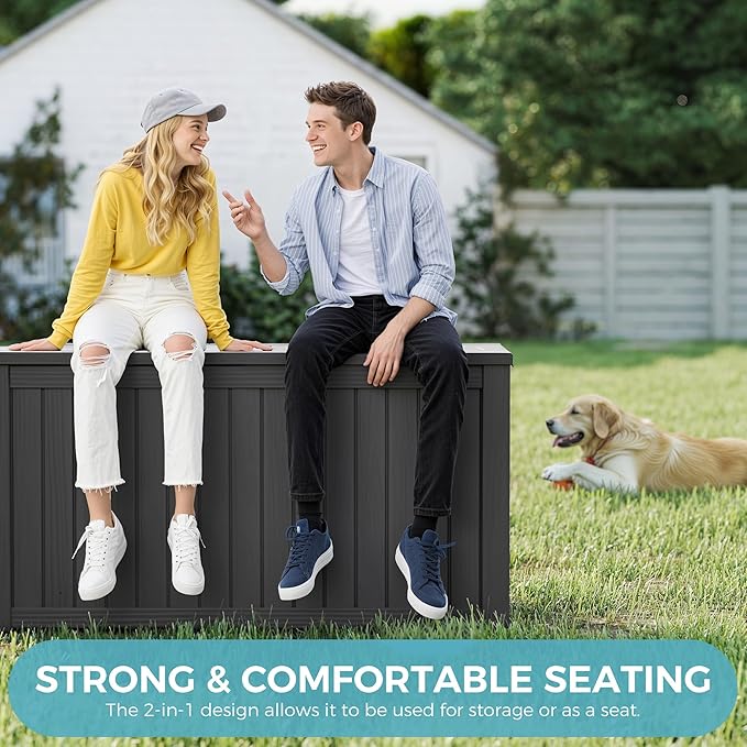 150 Gallon Resin Deck Boxes Waterproof, Outdoor Storage Box Lockable Lid for Delivery Box, Indoor, Garden Tools, Pool Supplies, Patio, Black