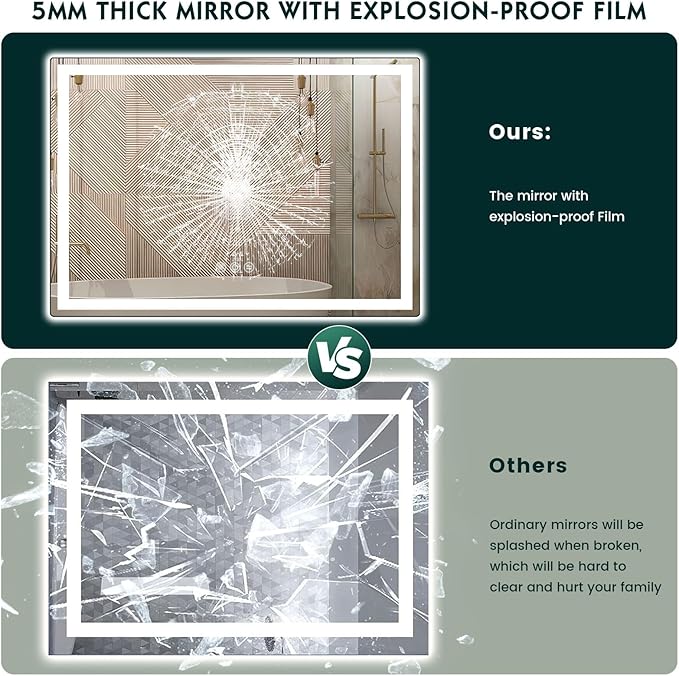 LED Mirror for Bathroom 36"x 48" with Frontlit and Backlit, Anti-Fog Mirror with Lights, Stepless 3 Colors Temperature & Dimmable Bathroom Mirror