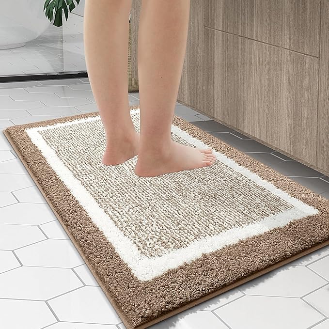 OLANLY Bathroom Rugs 24x16, Extra Soft and Absorbent Microfiber Bath Mat, Non-Slip, Machine Washable, Quick Dry Shaggy Bath Carpet, Suitable for Bathroom Floor, Tub, Shower (Small, Tan)