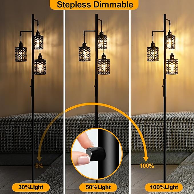 ROTTOGOON Dimmable Floor Lamp, Industrial Standing Floor lamp for Living Room, Tall Farmhouse Rustic lamp with 3 LED Bulbs, Tree Floor Lamp for Bedrooms, Living Room, Home Office, Metal, Black, 68"