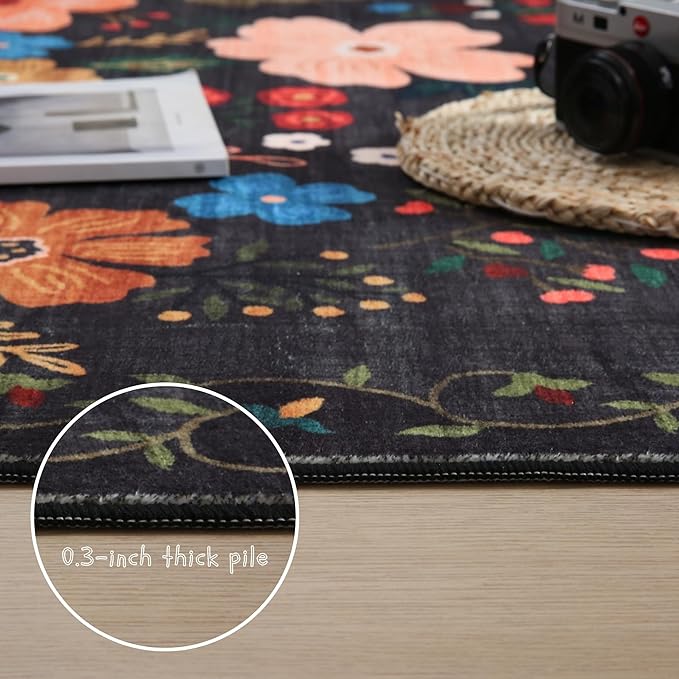 Runner Rug for Hallways Kitchen Rug Non Slip 2'x 6' Washable Runner Rugs with Rubber Backing Soft Floral Carpet Runner for Hallways, Kitchen, Laundry, Bedroom, Bathroom(Black)