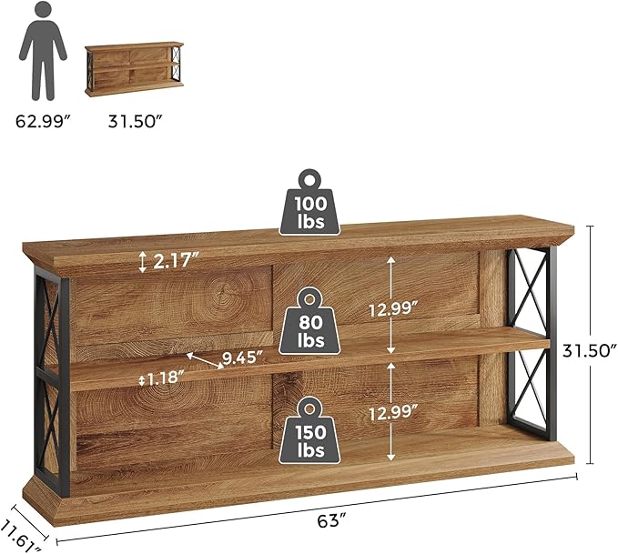 63 Inch Long Console Tables for Entryway with 3-Tier Storage, Wooden Sofa Table Behind Couch for Living Room Hallway, Entry, Oak Brown