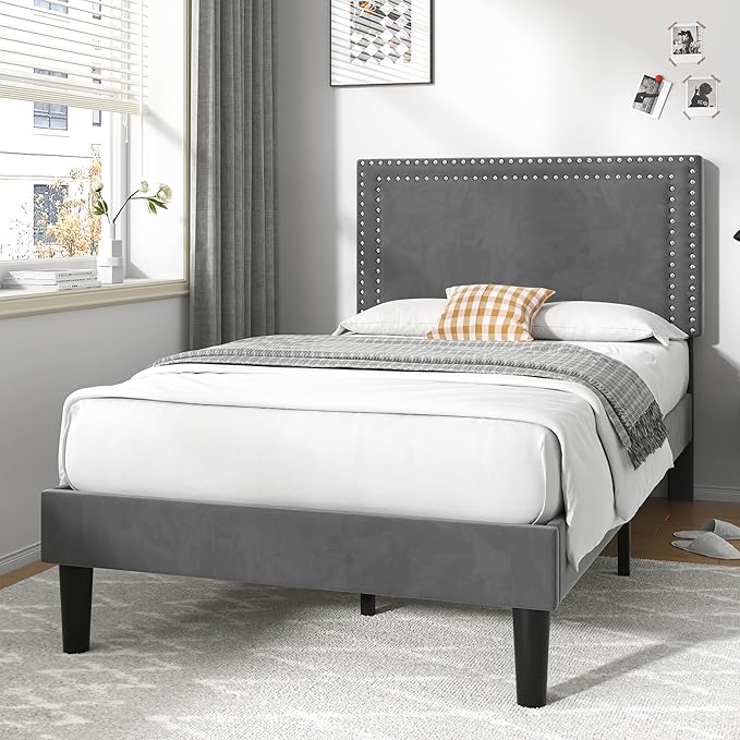 VECELO Twin Size Platform Bed Frame with Adjustable Upholstered Headboard, Strong Wood Slat Support, No Box Spring Needed, Easy Assembly