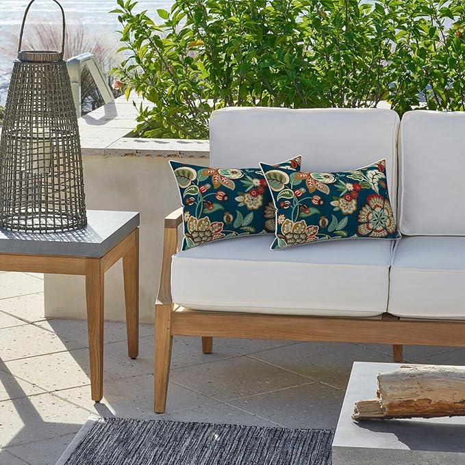 LVTXIII Outdoor Lumbar Pillow Covers 12"x20", Covers ONLY, 2 Pack 30x50cm Lumbar Cushion Cover with White Piping for Home Patio Garden Sofa Bench, Peacock Blue