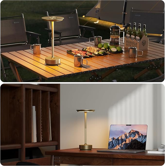 2 Pack Rechargeable Cordless Table Lamps, Portable 5000mAh Battery Table Light, 3 Color Stepless Dimming LED Table Light with Memory Function, for Outdoor/Dinner/Patio/Restaurant.(Gold)