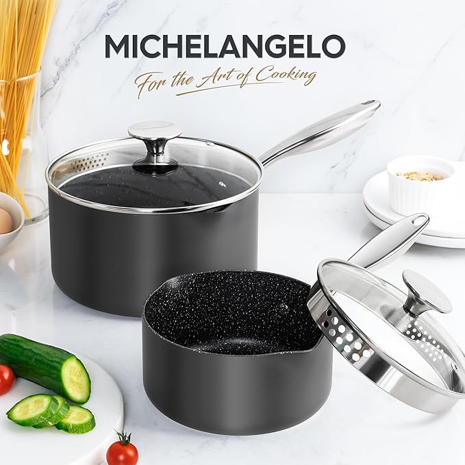 MICHELANGELO Hard Anodized Saucepan Set with Lids, Nonstick Saucepan with Pour Spouts & Strainer Lid for Easy Pour, Granite Derived Coating Sauce Pot Set - 1.5QT & 3QT Induction Sauce Pans