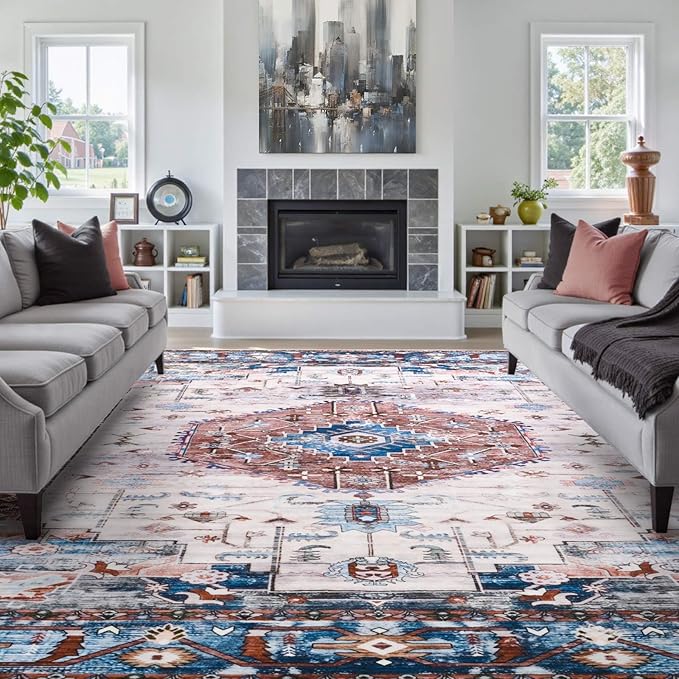 8x10 Area Rugs for Living Room, Non Slip Large Vintage Floral Rug for Bedroom Dining Room Farmhouse Classroom Kids Playroom Home Decor,Red