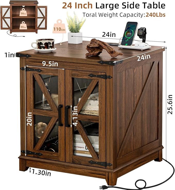 Farmhouse Coffee Table Set, 3 Pieces: Large End Side Tables with Charging Station and Coffee Table with Hidden Storage Compartment, Brown Wood Furniture Sets for Home Office