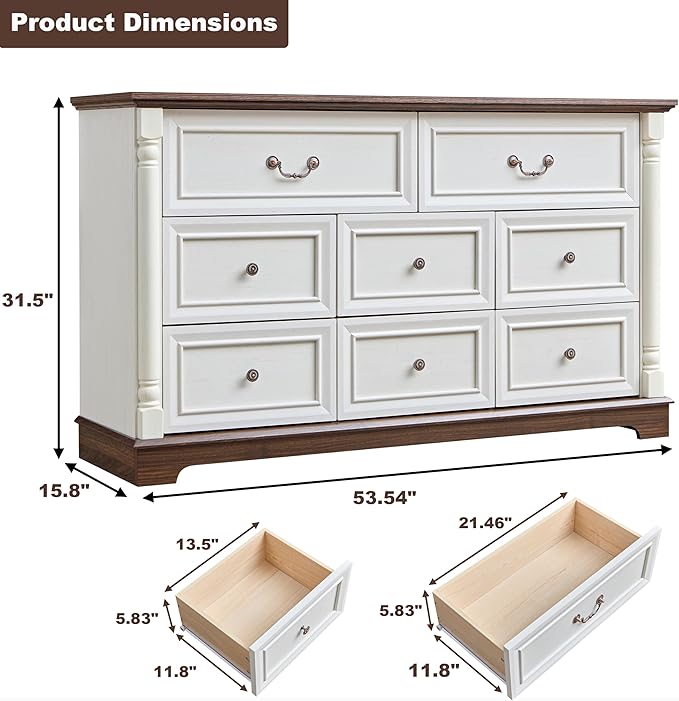 Farmhouse 8 Drawer Dresser with Roman Column Design, 54" Long Wood Chest of Drawers for Bedroom,Living Room, Antique White