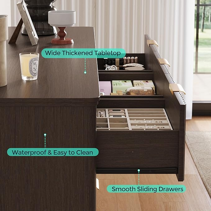 LINSY HOME Fluted Dresser for Bedroom with 9 Drawers, 58" Wide Chest of Drawers, Mid Century Modern Dresser TV Stand with Metal Handle, Wood Closet Storage Cabinet for Living Room, Hallway, Walnut