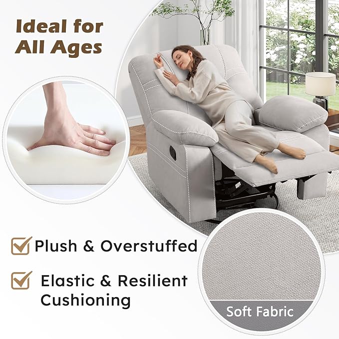 ANJ Oversized Swivel Rocker Recliner Chair for Adults, Manual Rocking Recliner Glider Recliner Nursery Chair Clearance with Decorative Stitching Soft Fabric Thick Cushion for Living Room Bedroom