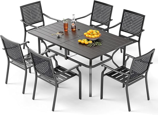 PHI VILLA Patio Dining Table Set for 6 Person Bistro Chairs Contemporary Dining Table Outdoor Dining Set of 7 Pieces Conversation Set Patio Furniture for Outdoor Garden,Yard