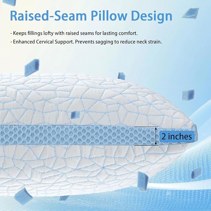 Shredded Memory Foam Pillow, Bed Pillows for Sleeping on Back, Stomach and Side Sleeper, Adjustable Pillows Queen Size with Washable Cover (Queen - 2 Packs)
