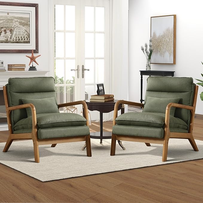 Phoenix Home Accent Chair Mid Century Lounge Chair PU Leather, Upholstered Reading Armchair with Lumbar Pillow & Solid Wood Frame for Office, Living Room Bedroom, Balcony, Green