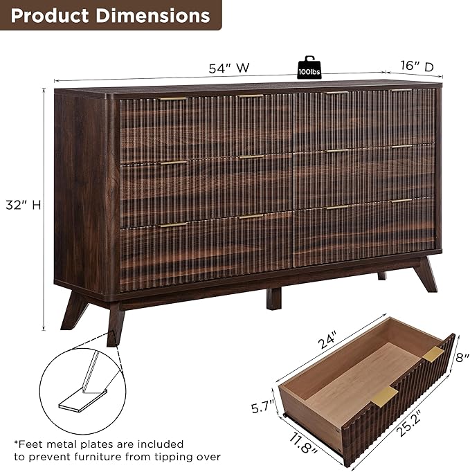 T4TREAM Fluted 6 Drawers Dresser, 54" Wide Modern Chest of Drawers, Curved Profile Design, Dresser TV Stand, Wood Drawer Organizer for Bedroom, Living Room, Hallway, Dark Walnut
