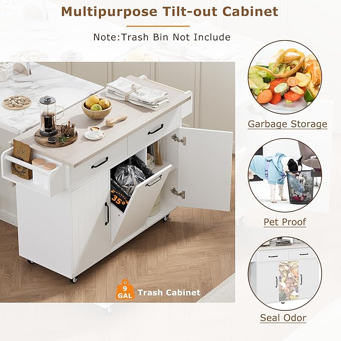 Kitchen Island with Storage & Drop Leaf, 51" Kitchen Rolling Island on Wheels with Spice Rack & Towel Rack, Kitchen Island Cart with Trash Can Storage, White