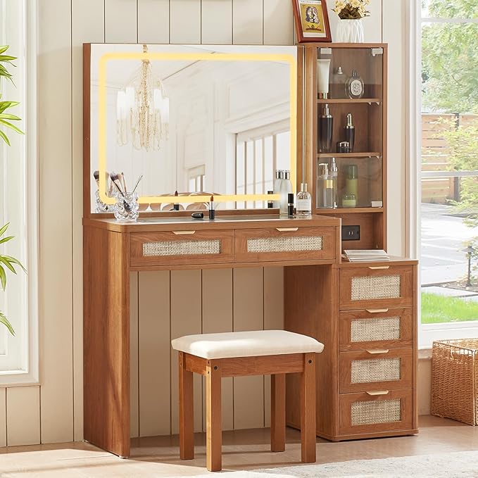 LEYAOYAO Vanity Desk with Mirror and Lights, 43.5'' Makeup Vanity Set with Stool 6 Drawers and Adjustable Shelves, Rattan Wood Make Up Vanity Dressing Table with Glass Top and Power Outlet for Bedroom