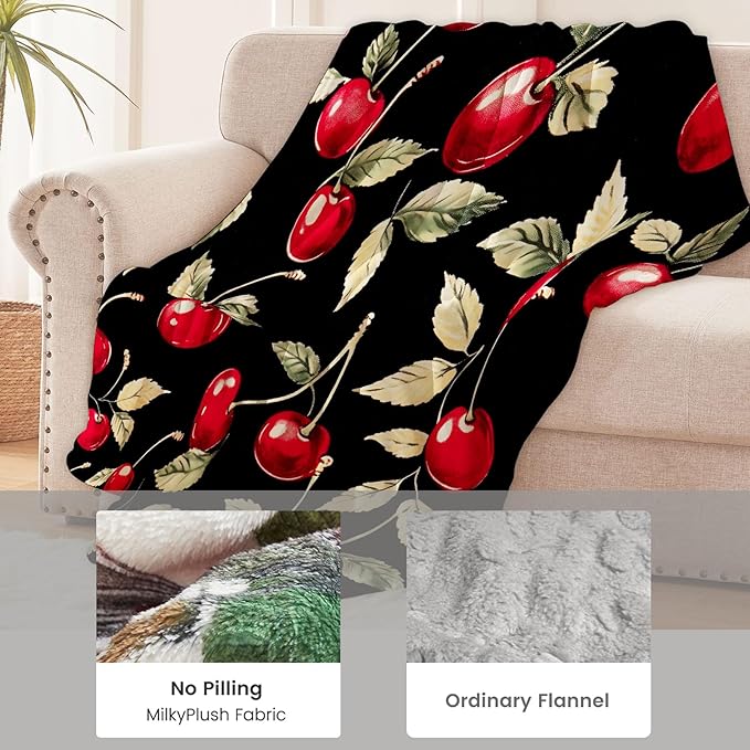 Cherry Blanket for Women Adults, Flannel Cherry Blankets Gifts, Cherry Throw Blanket for Sofa Bed Living Room Soft Warm Cozy Cherry Decor 50" x 40"