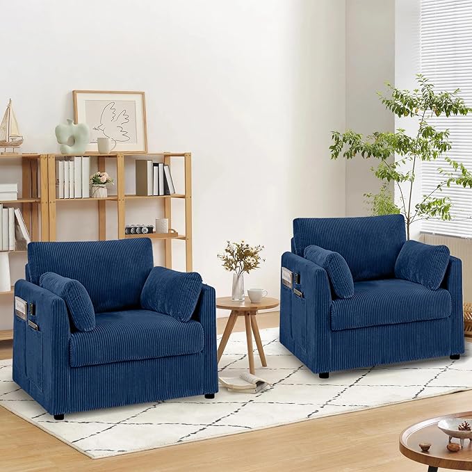 Accent Chair Set of 2 Living Room Chairs in Corduroy Fabric,Reading Chair Sofa Couches for Apartment Bedroom and Small Spaces. (Blue, 2 Chairs)