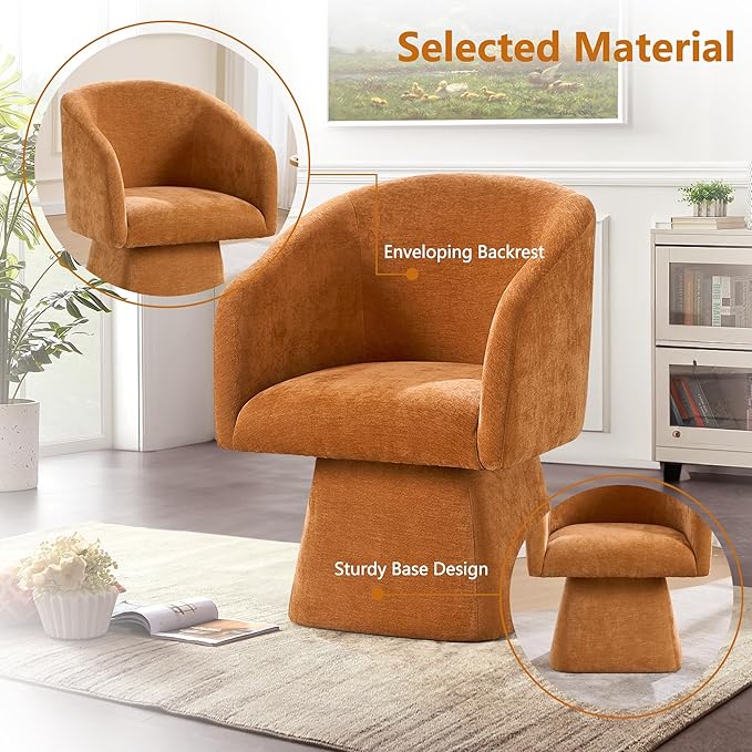 Swivel Modern Accent Chair,Luxury Fabric Upholstered Makeup Chair Comfy Barrel Chair with No Wheels,360°Rotating Vanity Armchair for Living Room Bedroom Office (Orange,Set of 2)