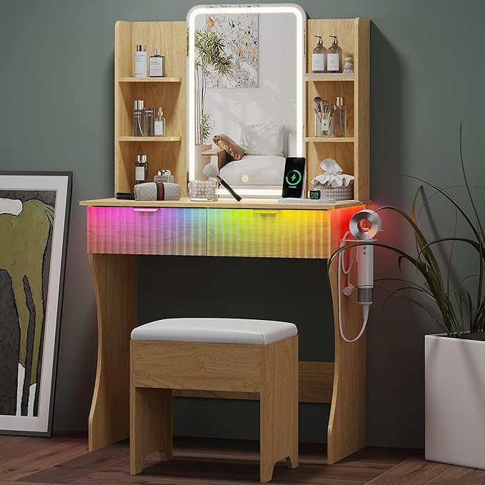 Small Vanity Desk with Mirror and Lights, Makeup Vanity with LED Lighted Mirror, Fluted Vanity with Lights Desk and Chair, 3 Lighting Adjustable Dressing Table with Charging Station for Women,Girls