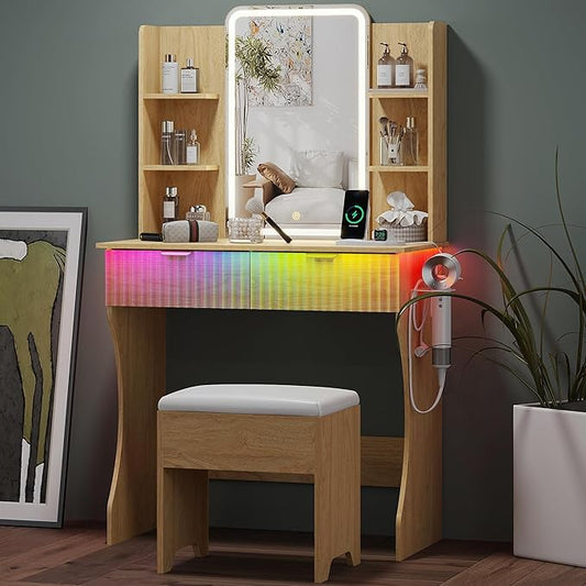 Small Vanity Desk with Mirror and Lights, Makeup Vanity with LED Lighted Mirror, Fluted Vanity with Lights Desk and Chair, 3 Lighting Adjustable Dressing Table with Charging Station for Women,Girls