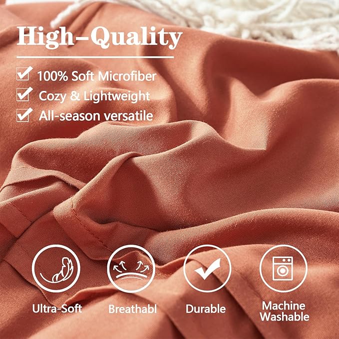 Yogeneg King Size Comforter Set 7 Piece Bed in a Bag,Grid Pinch Pleat Terracotta Bedding Set,Striped Textured Soft Microfiber Comforter with Sheet Set,All Season Complete Bed Set(Terracotta,King)